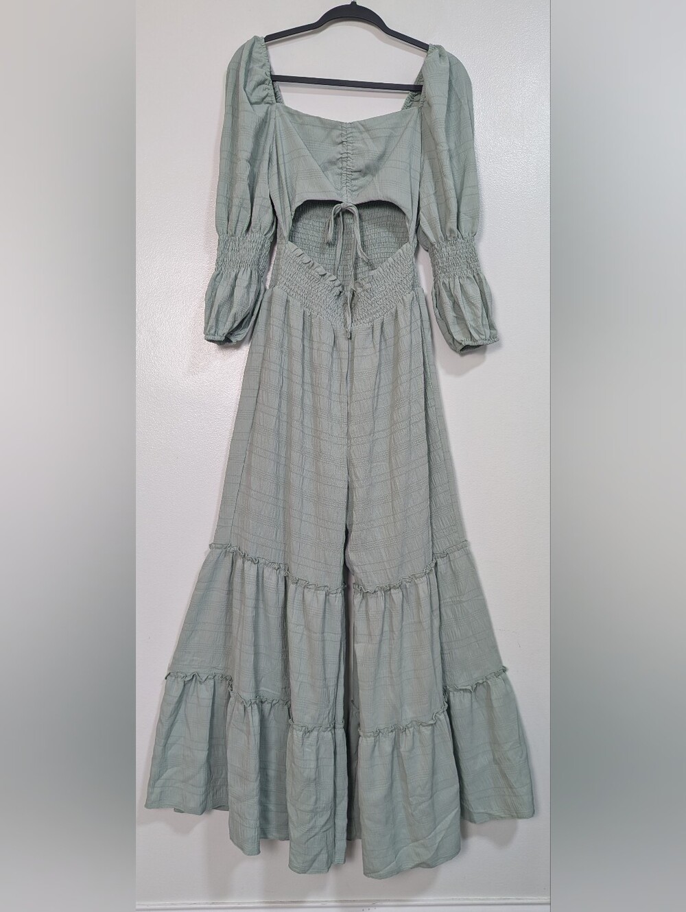 NWOT Chic Me Size M Sage Green Smocked Cutout Wide Leg Tiered Jumpsuit
